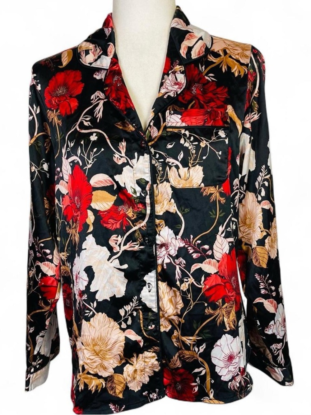 Stars Above Size Small S Button Down Pajama Top Shirt Long Sleeve Floral Black